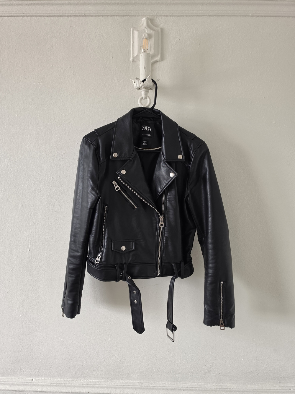 Zara Black Leather Biker Jacket with Belt